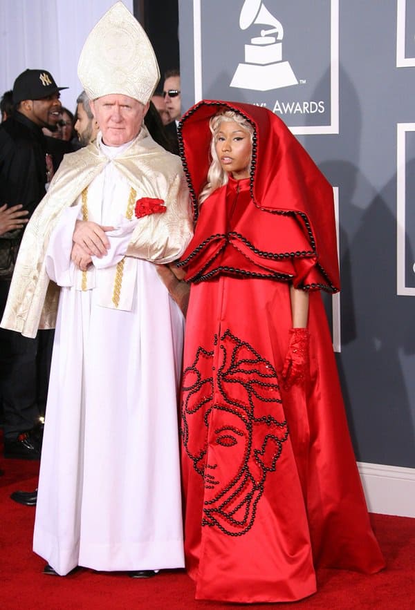 Nicki Minaj in Sacrilegious Red Versace Cape