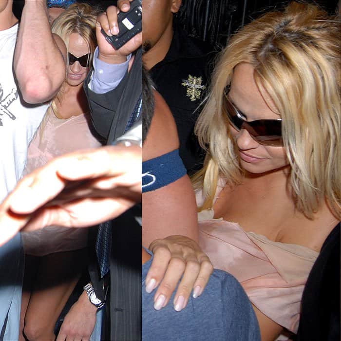 It must've been one helluva night for Pamela Anderson because she came out with her dress stained, spilled on, and ripped