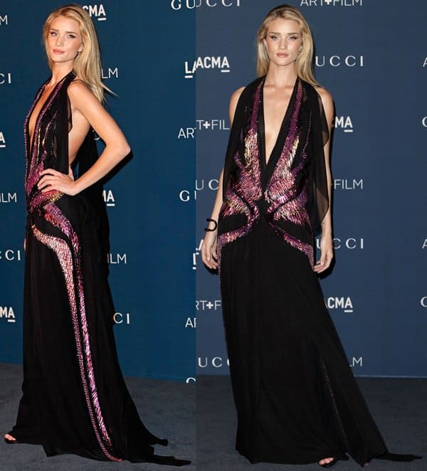 Rosie Huntington-Whiteley's daring backless Gucci dress features a plunging neckline enriched with pink-hued embroideries