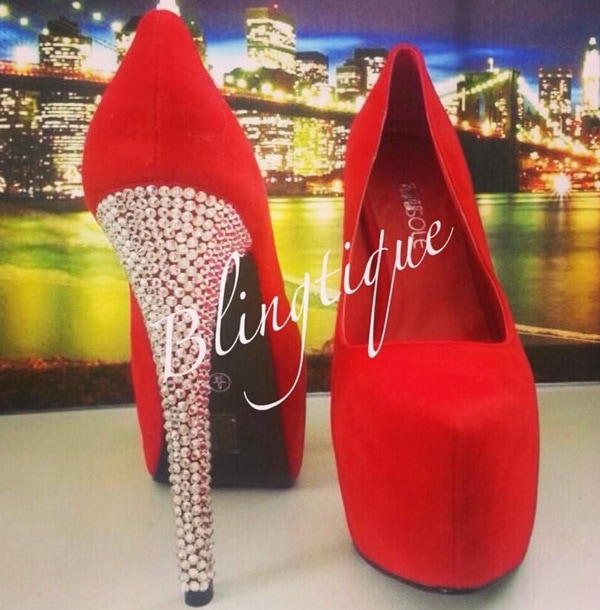 The ruby-red version pairs a bold suede platform with a Swarovski-encrusted heel, highlighting Blingtique’s early-2010s “more-is-more” approach to custom sparkle footwear