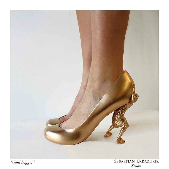 Sebastian Errazuriz’s ‘Gold Digger’ heels feature a gilded figure heel, symbolizing the theme of wealth and materialism inspired by a past relationship