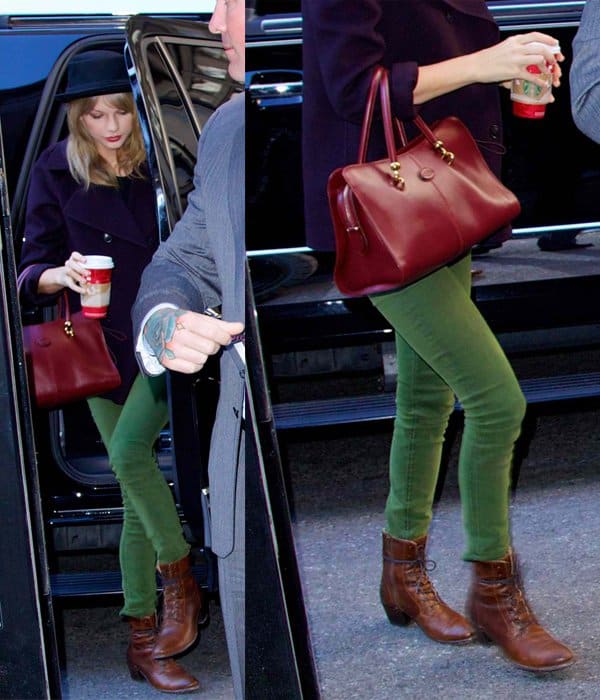 Taylor Swift was spotted in NYC on November 13, 2013, wearing a Free People Patton pork pie hat in black, a Vince double face wool pea coat in mulberry, Koral skinny jeans, Frye Courtney boots in cognac, and carrying a Tod's red tote bag