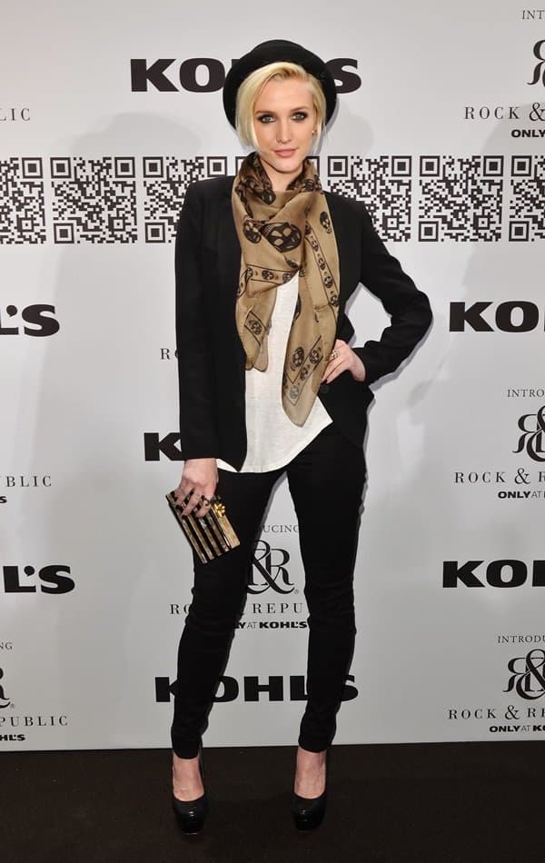 Ashlee Simpson pairs her scarf with a classic black blazer as she attends the Rock Republic for Kohl's Fall 2012 Fashion Show