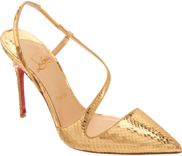 The gold python iteration of the “June” pump delivers a statement finish, combining exotic texture with Louboutin’s classic pointed-toe form
