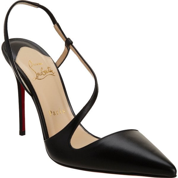 The Christian Louboutin “June” pump in black leather is photographed on its own, emphasizing the minimalist design and refined slingback construction