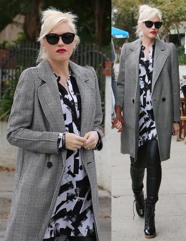 Gwen Stefani at Sweet Butter Kitchen in Sherman Oaks wearing a checked coat, printed shirtdress, L.A.M.B. Nichol boots, and Stella McCartney sunglasses