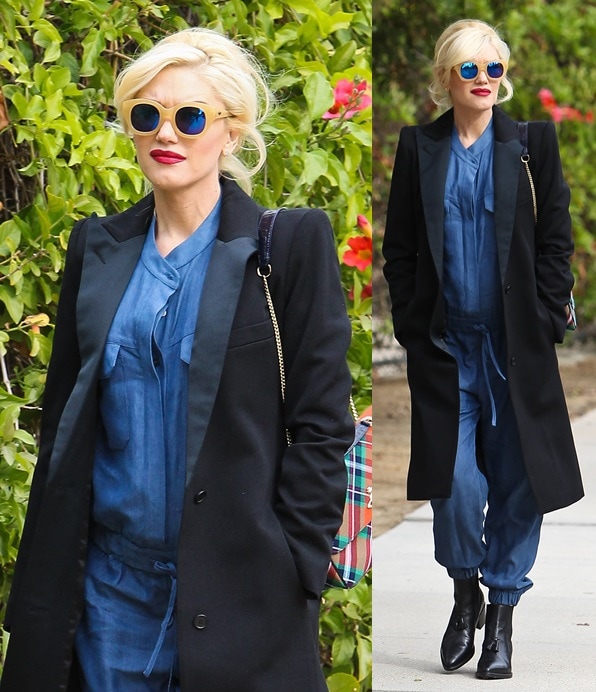 Gwen Stefani in navy Hatch jumpsuit, Smythe coat, AllSaints tassel boots, and Vivienne Westwood tartan bag at Travel Town Museum, Los Angeles