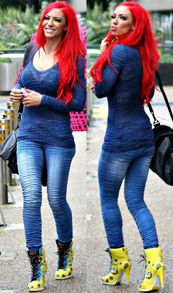 Jodie Marsh stepped out in a casual blue top and ruched skinny jeans, adding a playful twist with bold SpongeBob SquarePants ankle boots