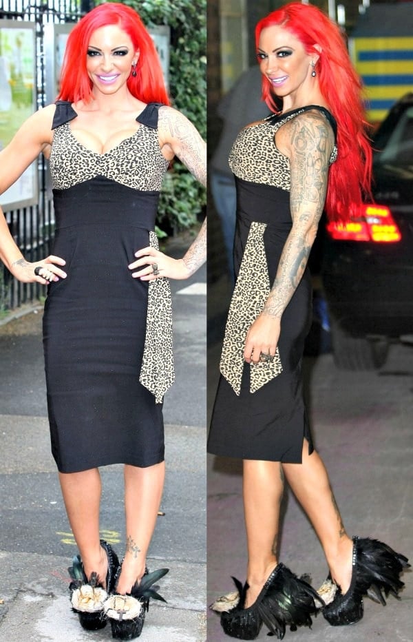 Jodie Marsh made a dramatic entrance in a leopard-print panel dress paired with outrageous black feathered heels featuring tiny bird’s nests
