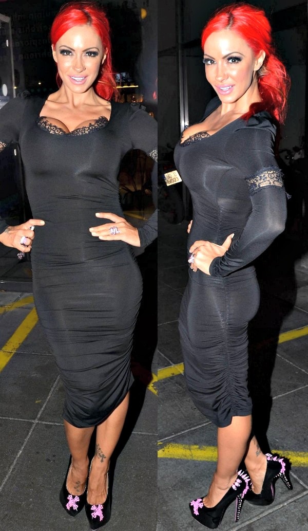 Jodie Marsh paired the edgy skull-studded pumps with a sleek black bodycon dress, letting her fiery red hair and bold shoes steal the spotlight