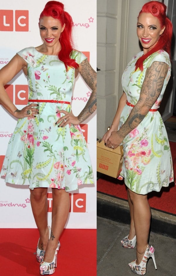 Jodie Marsh rocked a floral Ted Baker tea dress with a red belt, showing off her tattoos and fiery red hair while adding edge with her custom photo-print platform pumps