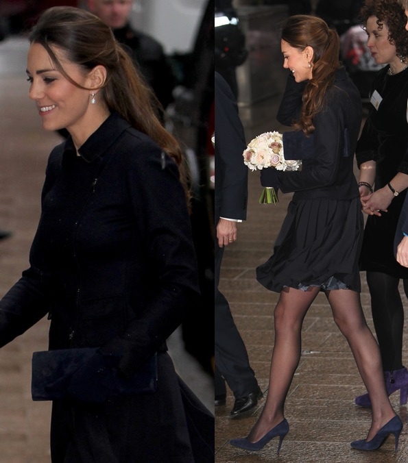 Kate Middleton in a blue Max Mara jacket, a blue Orla Kiely skirt, and blue suede pumps