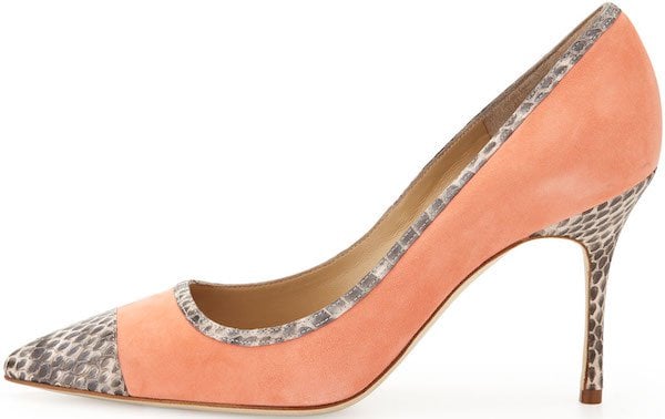 Manolo Blahnik "Bottera" Snake-Trimmed Suede Pump