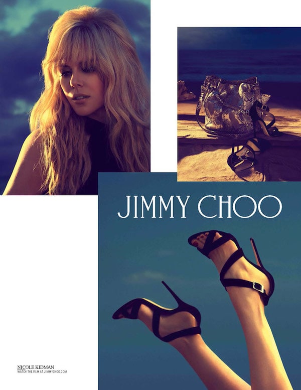 Nicole Kidman embodies a sun-kissed, ’60s-inspired siren in Jimmy Choo’s Cruise 2014 campaign, pairing tousled blonde waves with the brand’s sleek black heels and metallic python accessories against a dreamy beach backdrop