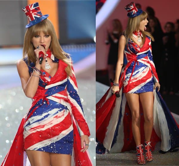 Swift's first dress — a short Union Jack–themed dress with an imposing train and a cute top hat