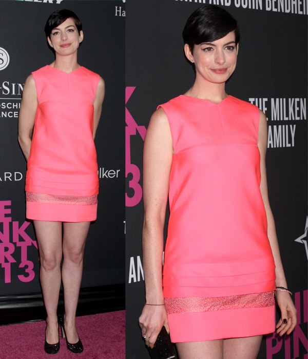 Anne Hathaway radiates in coral pink J. Mendel at Pink Party 2013, benefiting women's cancer research at Hanger 8 in Santa Monica