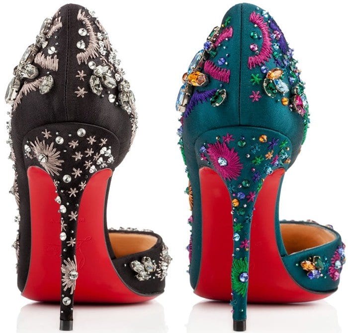 Rear view comparison of the Artifice Strass design, highlighting the intricate crystal placement along the heels and the iconic lacquered red soles that anchor the couture-level craftsmanship