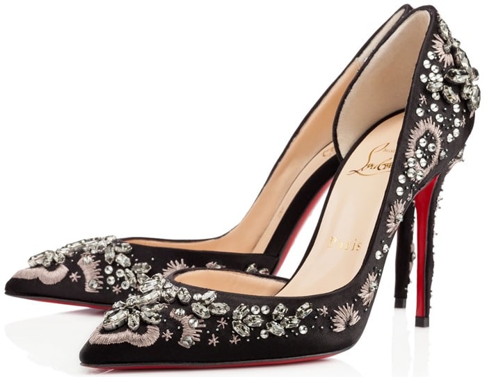 Black Artifice Strass pumps featuring tonal embroidery and smoky crystal appliqués, creating a celestial, night-sky effect across the satin upper and heel