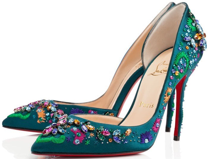 Emerald-green Artifice Strass pumps embellished with multicolored crystals and vivid floral embroidery, delivering a high-impact jewel-tone take on Louboutin’s ornate d’Orsay silhouette