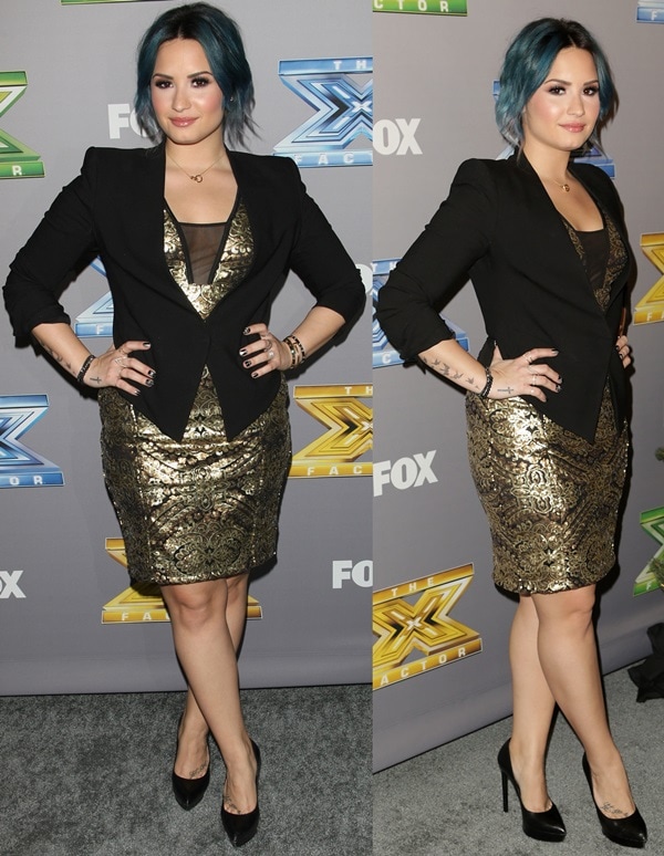 Demi Lovato stuns in a gold sequined dress paired with a Helmut Lang tux blazer and Saint Laurent platform pumps at The X Factor Season 3 Finale in Los Angeles
