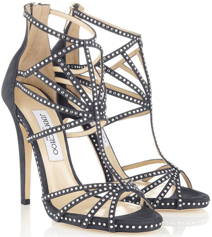 Jimmy Choo’s “Vendetta” sandals paired sharp cage-like suede straps with Swarovski crystal embellishments, creating one of the brand’s most recognizable red-carpet evening silhouettes of the 2010s