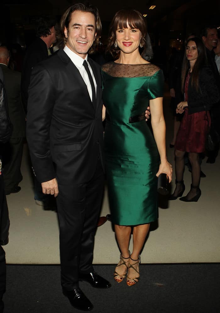 Juliette Lewis dazzles in an emerald green Pamella Roland dress alongside Dermot Mulroney at the August: Osage County benefit screening