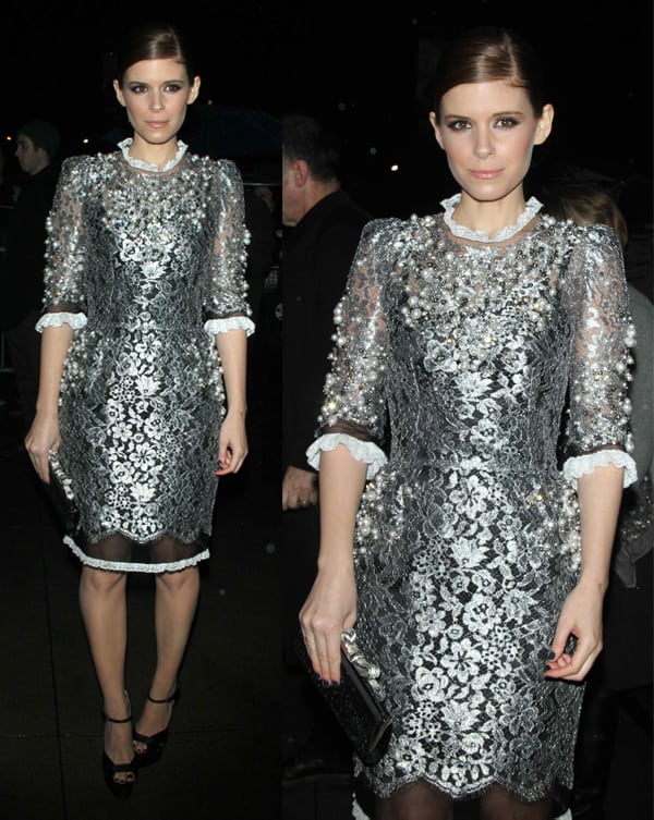 Kate Mara dazzles in a silver floral Dolce Gabbana dress with sheer sleeves and scalloped hem, paired with classic black ankle-strap heels at the House of Cards premiere in New York on January 30, 2013