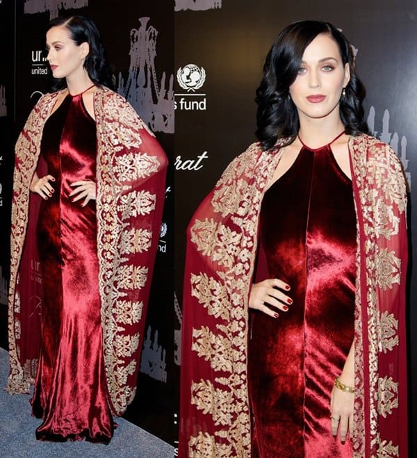 Katy Perry wearing Naeem Khan's Fall 2013 "Pure Witch" velvet gown with an intricately embroidered cape and Christian Louboutin So Kate pumps in Rose Noir