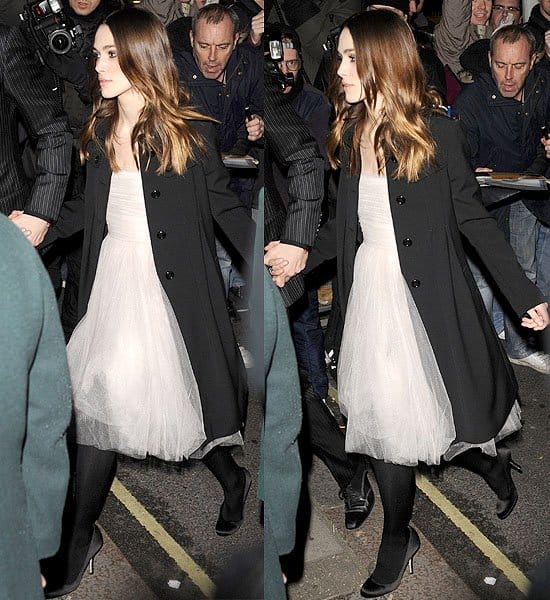 Keira Knightley in an off-white Chanel dress arriving at Finch Partners' Pre-BAFTA Party