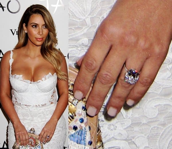 Kim Kardashian dazzles with her flawless emerald-cut diamond engagement ring, designed by Lorraine Schwartz, as she stuns in a figure-hugging white lace outfit at her 33rd birthday celebration