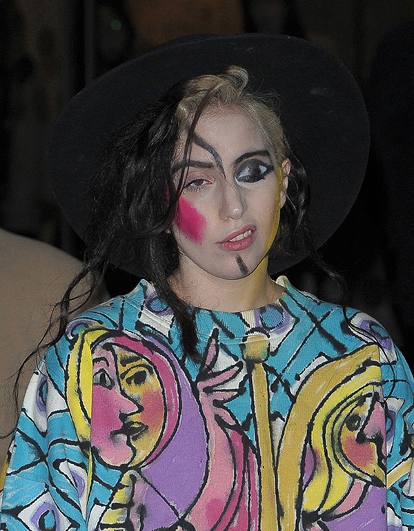 Lady Gaga wearing a Picasso-inspired outfit outside her hotel in London on December 6, 2013