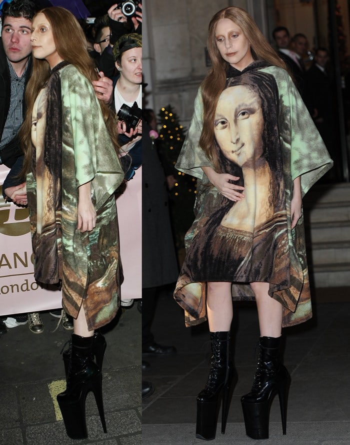 Lady Gaga exits the Langham Hotel in London in a vintage mini dress with a screen-painted Mona Lisa portrait