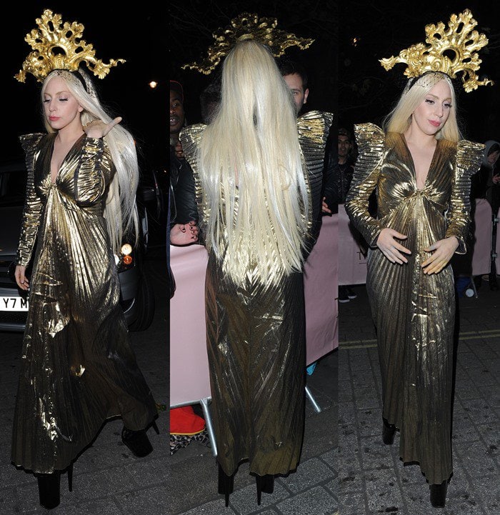 Lady Gaga returns to her London hotel in a shimmering gold dress and matching headpiece on December 4, 2013