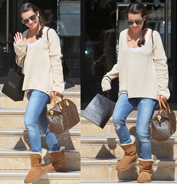 Lea Michele kept it effortlessly cozy in an oversized knit sweater, skinny jeans, and UGG boots while shopping at Barneys New York in Beverly Hills on October 7, 2011