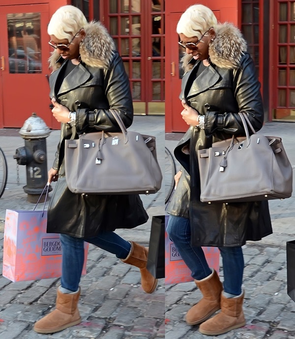 Nene Leakes created an edgy all-black look with a leather coat, skinny jeans, and black UGG boots while shopping in SoHo, New York City, on February 3, 2013