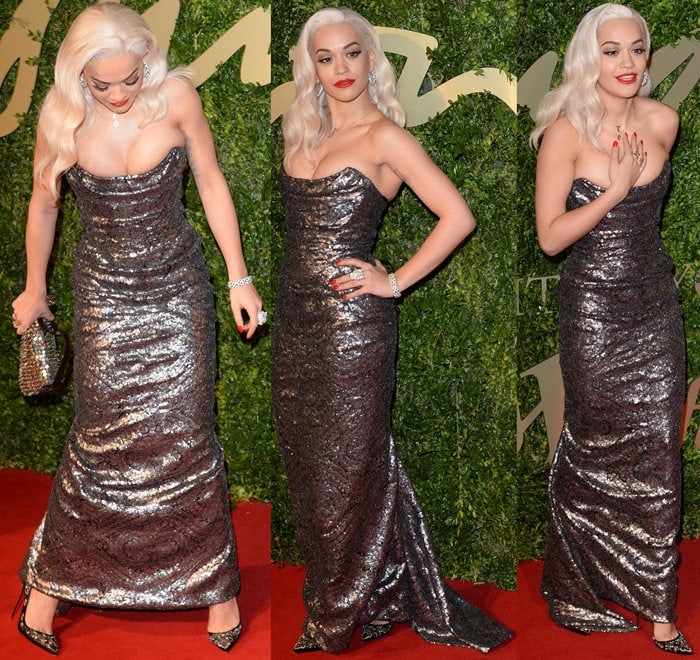 Rita Ora shimmers on the red carpet in a strapless, body-skimming sequined gown, pairing the liquid-metal silhouette with platinum waves and classic pointed-toe heels for old-Hollywood drama