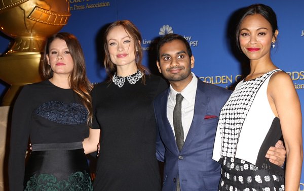 Sosie Bacon, Olivia Wilde, Aziz Ansari, and Zoe Saldaña at the 71st Annual Golden Globe Awards Nominations Announcement