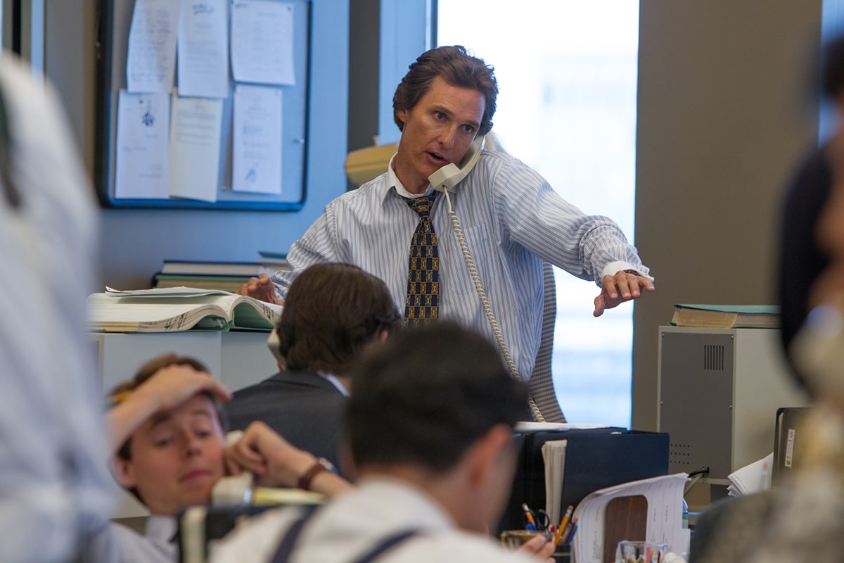 During the second week of filming, Matthew McConaughey's scenes featured his improvised chest beating and humming warm-up ritual, prompting Leonardo DiCaprio to include the awkward glance towards Martin Scorsese for approval; DiCaprio found this spontaneous addition crucial in establishing the film's tone