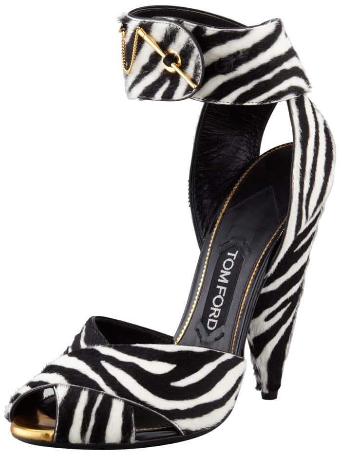 Tom Ford zebra-print pin-detail ankle-strap sandals, crafted in black-and-white dyed haircalf with a sculptural covered heel and signature gold hardware for a bold, high-glamour finish