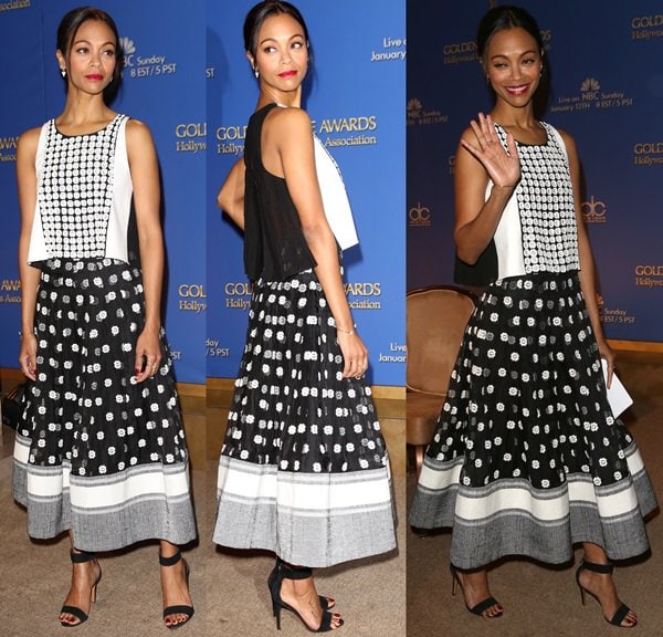 Zoe Saldaña radiates elegance in a Sachin + Babi top and skirt, accessorized with Red C jewelry and Bruno Magli ankle-strap sandals at the 71st Annual Golden Globe Awards Nominations Announcement