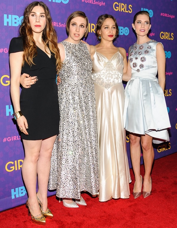 Zosia Mamet, Lena Dunham, Jemima Kirke, and Allison Williams showcase their distinct red carpet styles — from metallic Saint Laurent platforms to glittering and satin gowns — at the Girls Season 3 premiere in New York City on January 6, 2014