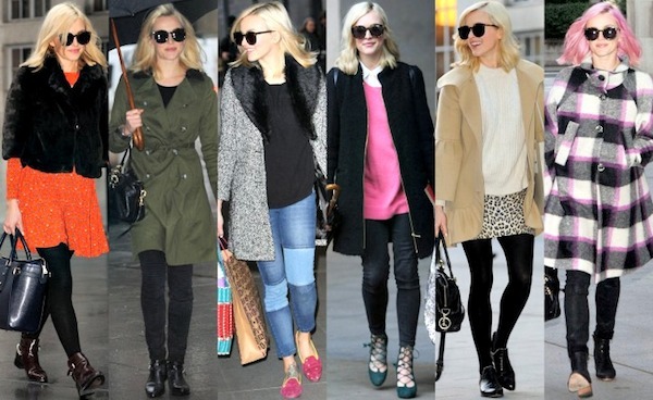 Fearne Cotton showcases her effortlessly chic street style in a series of outfits from December 2013, featuring vibrant dresses, luxurious coats, trendy boots, and unique accessories