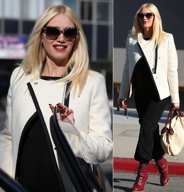 Gwen Stefani stepped out at Crossroads Kitchen in West Hollywood on December 5, 2013, pairing black Hatch Collection drawstring pants and a structured white jacket with Stella McCartney cat-eye sunglasses, a Fendi Spy bag, and bold red L.A.M.B. patent lace-up platform boots that anchored her maternity street style with signature edge