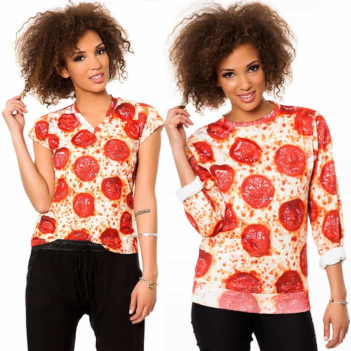 Beloved pizza-print tops, including a pepperoni V-neck tee and a matching graphic sweatshirt, embracing novelty food fashion with bold, all-over prints