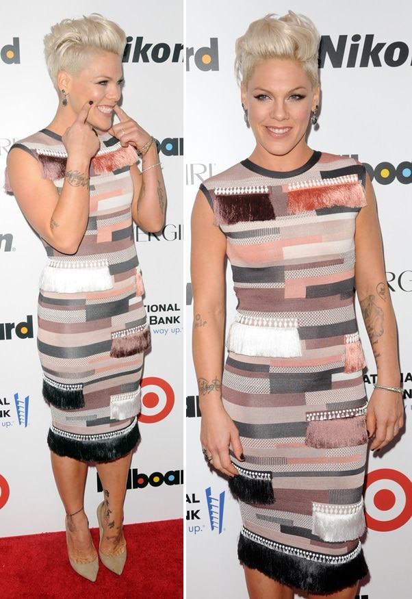 Pink in Jimmy Choo pumps and a Hervé Léger dress at Billboard's Annual Women in Music
