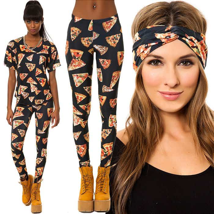 See You Monday pizza-print pieces, including the “Perfect Slice” top, “Special Delivery” leggings, and coordinating “Pizza Head” turban, styled as a playful head-to-toe graphic set