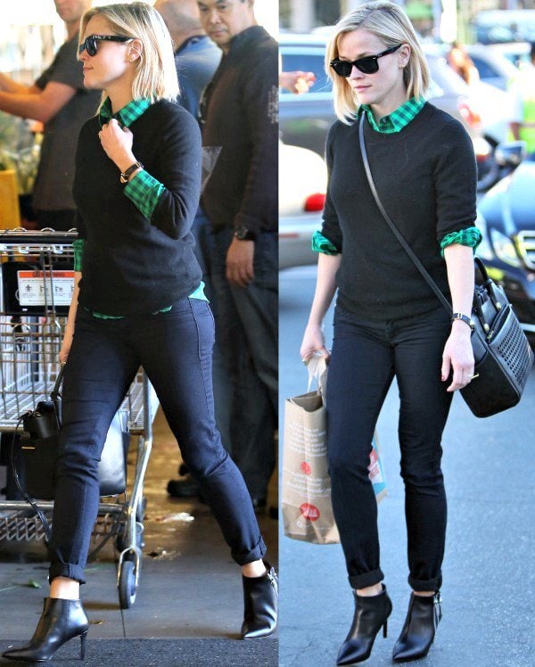 Reese Witherspoon was spotted at Whole Foods on November 30, 2013, in Hudson Nico skinny jeans, Saint Laurent double zipper booties, a Reed Krakoff Atlantique Bionic mini leather tote, and Ray-Ban New Wayfarer sunglasses