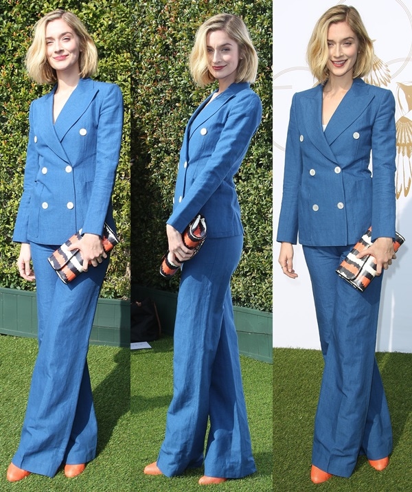 Caitlin Fitzgerald in a gorgeous chambray suit from Louis Vuitton’s Resort 2014 collection