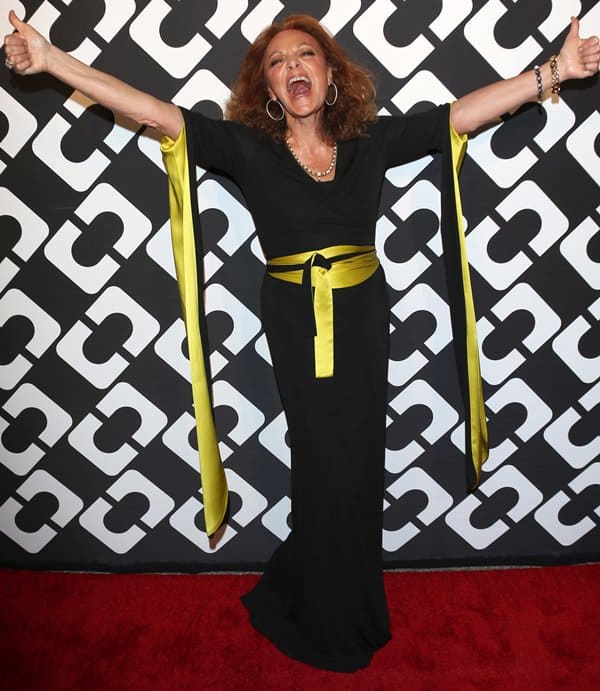 Diane von Furstenberg beams with joy on the red carpet of the 40th Anniversary celebration of her wrap dress