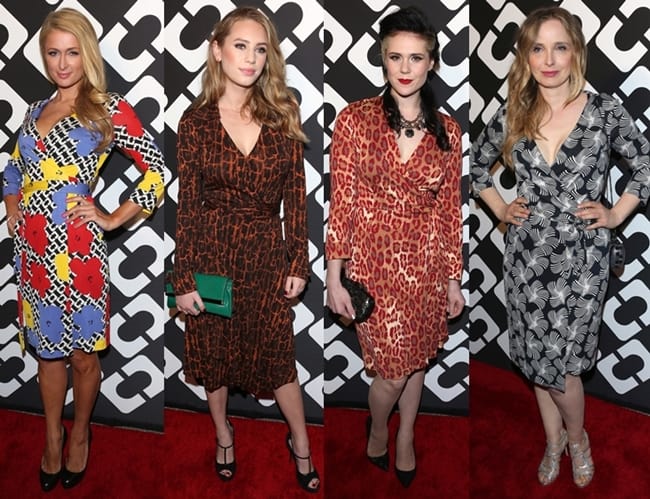 Paris Hilton, Dylan Penn, Kate Nash, and Julie Delpy showcase the DVF wrap dress at the "Journey of a Dress" 40th Anniversary Party in Los Angeles, January 10, 2014